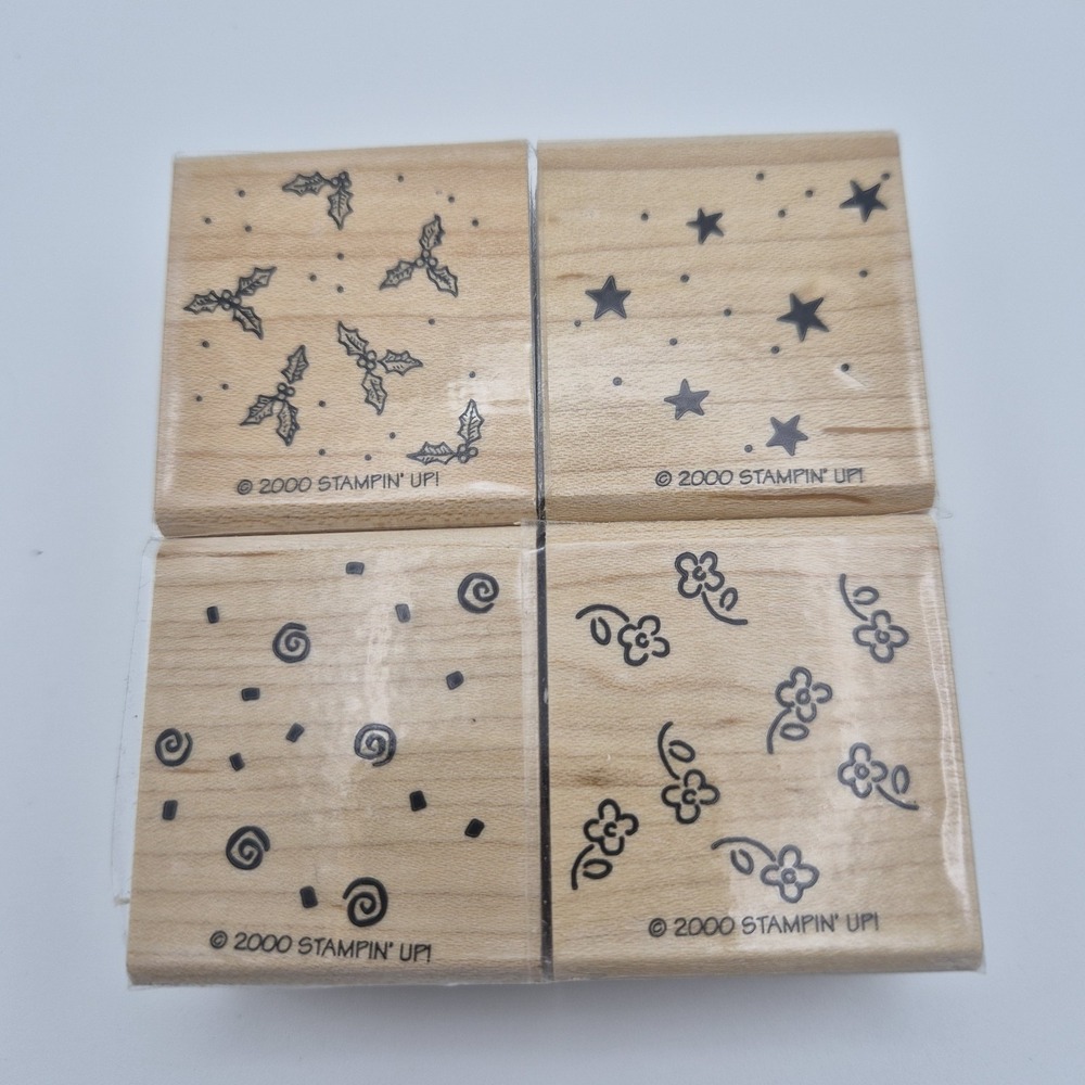 Stampin' Up! 2000 Background Basics Set of 4 Wood Rubber Stamps Holly Stars...